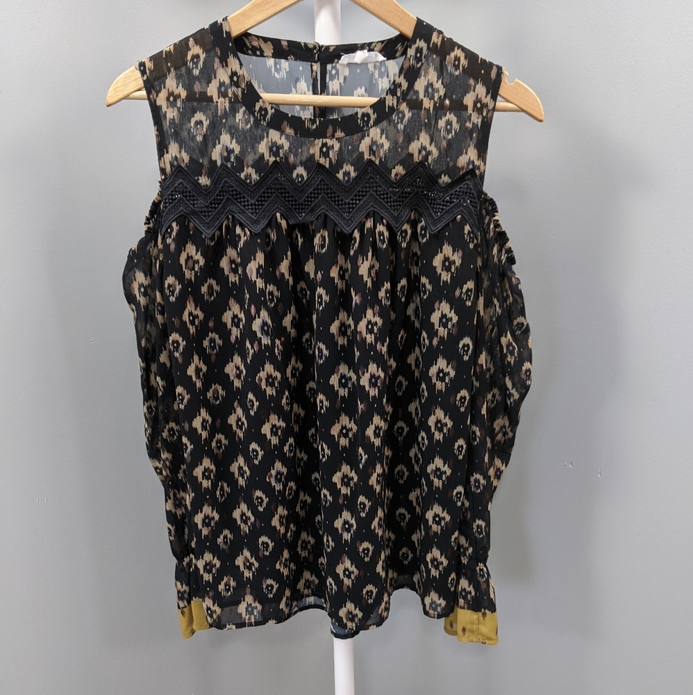 Maurices Cold Shoulder Blouse Sheer Black Ornate